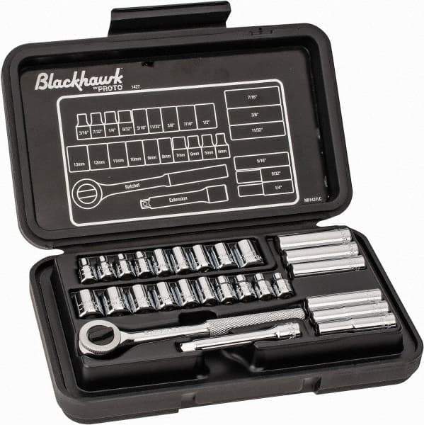 Blackhawk by Proto - 27 Piece 1/4" Drive Deep Well Socket Set - 6, 12 Points, 3/16" to 1/2" (4mm to 13mm) Range, Inch/Metric Measurement Standard - Top Tool & Supply