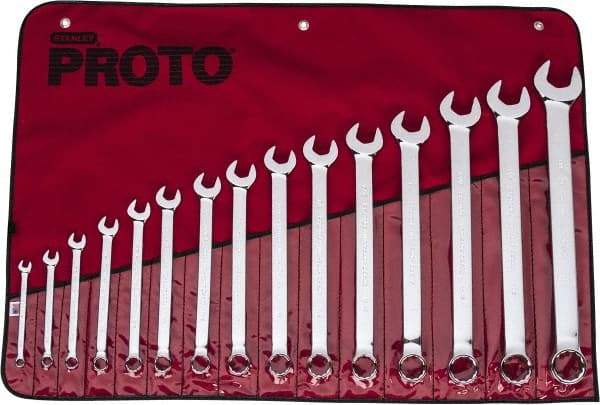 Proto - 15 Piece, 5/16" to 1-1/4", 12 Point Combination Wrench Set - Inch Measurement Standard, Full Polish Finish, Comes in Vinyl Roll - Top Tool & Supply