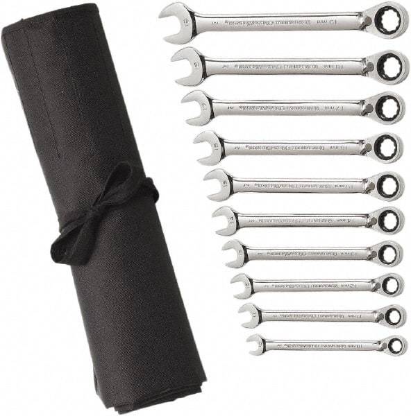 GearWrench - 10 Piece, 10mm to 19mm, 6 Point Combination Wrench Set - Metric Measurement Standard, Chrome Finish, Comes in Vinyl Pouch - Top Tool & Supply