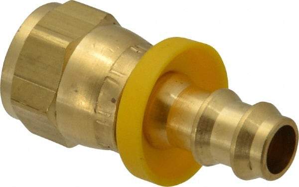 Eaton - 3/8" ID 5/8-18 UNF Barbed Push On Female SAE 45 Swivel Connector - 7/8" Cut Off Allowance, 1.62" Long, 3/4" Hex, Brass - Top Tool & Supply