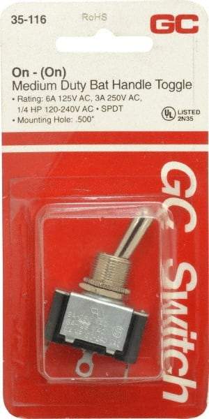 GC/Waldom - SPDT Medium Duty On-On Toggle Switch - Solder Lug Terminal, Bat Handle Actuator, 1/4 hp at 125/250 VAC hp, 125 VAC at 6 A & 250 VAC at 3 A - Top Tool & Supply