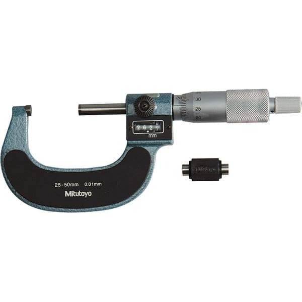 Mitutoyo - Standard Throat Electronic Outside Micrometer - Ratchet Stop Thimble, Carbide-Tipped Face - Top Tool & Supply