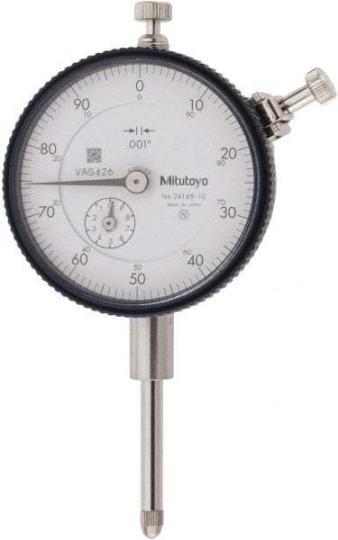 Mitutoyo - 1" Range, 0-100 Dial Reading, 0.001" Graduation Dial Drop Indicator - 2-3/16" Dial, 0.1" Range per Revolution, 0.002" Accuracy, Revolution Counter - Top Tool & Supply