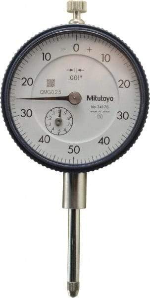 Mitutoyo - 1" Range, 0-50-0 Dial Reading, 0.001" Graduation Dial Drop Indicator - 2-1/4" Dial, 0.1" Range per Revolution, 0.002" Accuracy, Revolution Counter - Top Tool & Supply