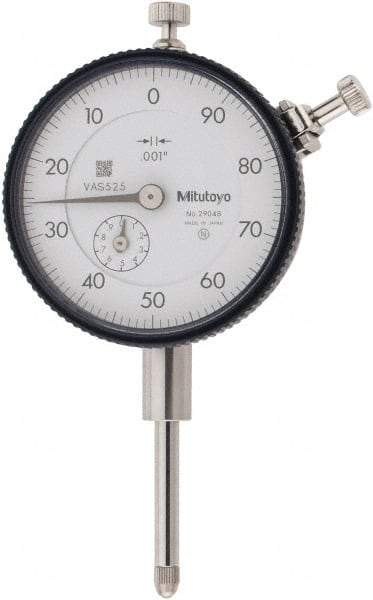 Mitutoyo - 1" Range, 100-0 Dial Reading, 0.001" Graduation Dial Drop Indicator - 2-1/4" Dial, 0.1" Range per Revolution, 0.002" Accuracy, Revolution Counter - Top Tool & Supply