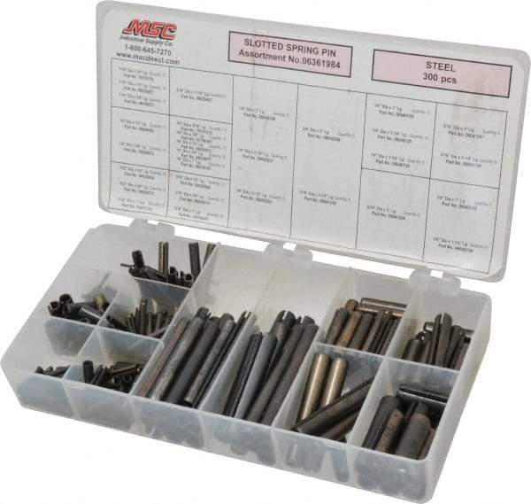 Made in USA - 300 Piece, 1/16 to 3/8" Pin Diam, Spring Pin Assortment - Steel - Top Tool & Supply