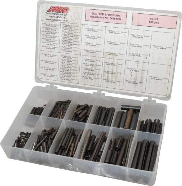 Made in USA - 500 Piece, 1/16 to 7/16" Pin Diam, Spring Pin Assortment - Steel - Top Tool & Supply