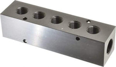 Made in USA - 1/2" Inlet, 3/8" Outlet Manifold - 5-3/4" Long x 1-1/2" Wide x 1-1/2" High, 0.2" Mount Hole, 2 Inlet Ports, 5 Outlet Ports - Top Tool & Supply