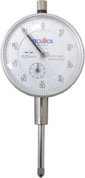 Teclock - 25mm Range, 0-100 Dial Reading, 0.01" Graduation Dial Drop Indicator - 2-11/64" Dial, 1" Range per Revolution, 0.03" Accuracy, Revolution Counter - Top Tool & Supply