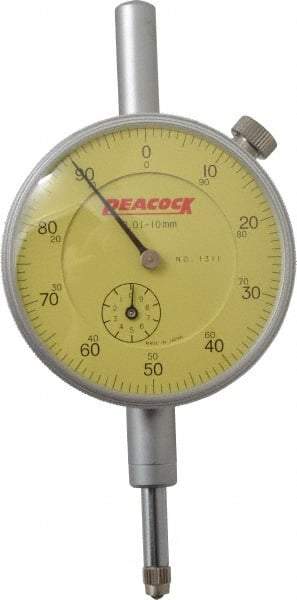 Peacock - 10mm Range, 0-100 Dial Reading, 0.01mm Graduation Dial Drop Indicator - 2-3/64" Dial, Revolution Counter - Top Tool & Supply