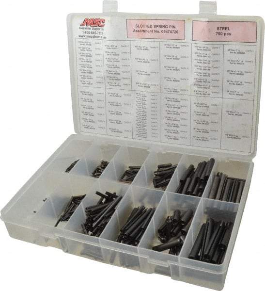 Made in USA - 750 Piece, 1/16 to 7/16" Pin Diam, Spring Pin Assortment - Steel - Top Tool & Supply