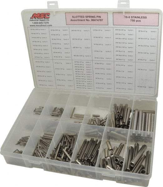 Made in USA - 750 Piece, 1/16 to 7/16" Pin Diam, Spring Pin Assortment - 18-8 Stainless Steel - Top Tool & Supply