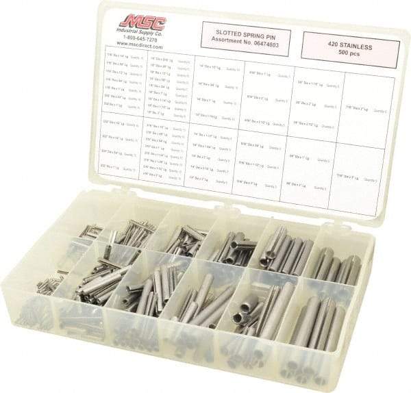 Made in USA - 500 Piece, 1/16 to 7/16" Pin Diam, Spring Pin Assortment - 420 Stainless Steel - Top Tool & Supply