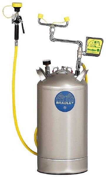 Bradley - 10 Gallon, 0.4 GPM Flow Rate at 30 PSI, Pressurized with Drench Hose Stainless Steel, Portable Eye Wash Station - 15 Min Duration, 25-1/4 Inch High - Top Tool & Supply