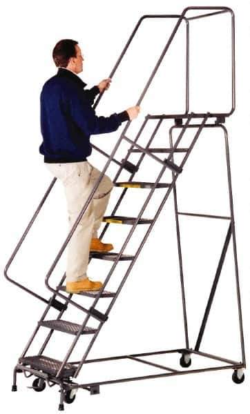 Ballymore - 113" 8 Step Ladder - Lock Step Rolling Safety Ladder, 450 Lb Capacity, 80" Platform Height, 32" Base Width x 61" Depth, Abrasive Mat Tread - Top Tool & Supply