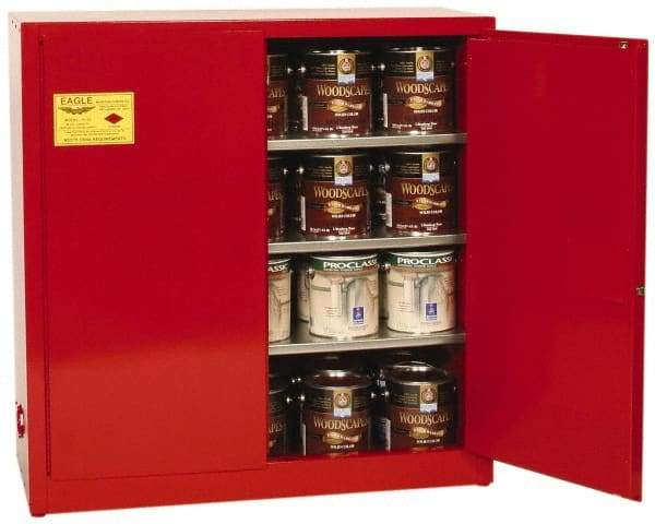 Eagle - 2 Door, 3 Shelf, Red Steel Standard Safety Cabinet for Flammable and Combustible Liquids - 44" High x 43" Wide x 18" Deep, Manual Closing Door, 3 Point Key Lock, 40 Gal Capacity - Top Tool & Supply