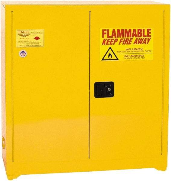 Eagle - 2 Door, 3 Shelf, Yellow Steel Standard Safety Cabinet for Flammable and Combustible Liquids - 44" High x 43" Wide x 18" Deep, Manual Closing Door, 3 Point Key Lock, 40 Gal Capacity - Top Tool & Supply