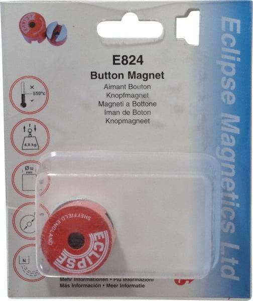 Eclipse - 1-1/4" Diam, 9/32" Hole Diam, 4.8 kg Max Pull Force Alnico Button Magnet - 1" High, 1/2" Gap Width, Grade 5 Alnico - Top Tool & Supply