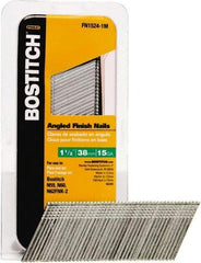 Stanley Bostitch - 15 Gauge 0.07" Shank Diam 1-1/2" Long Finishing Nails for Power Nailers - Steel, Bright Finish, Smooth Shank, Angled Stick Adhesive Collation, Round Head, Chisel Point - Top Tool & Supply