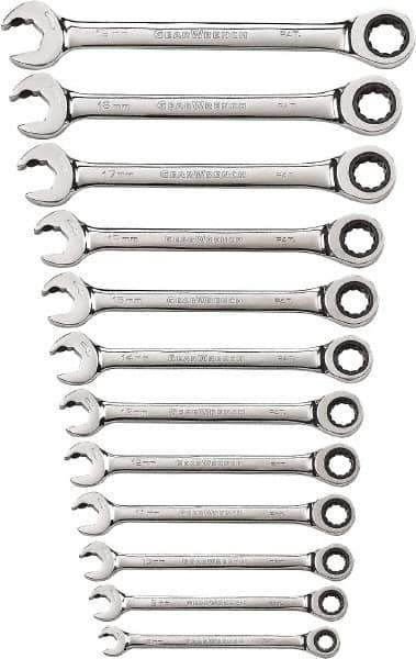 GearWrench - 12 Piece, 8mm to 19mm, 12 Point Ratcheting Combination Wrench Set - Metric Measurement Standard, Chrome Finish - Top Tool & Supply