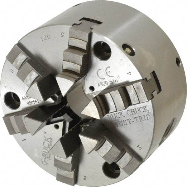 Buck Chuck Company - 6 Jaws, 5" Diam, Self Centering Manual Lathe Chuck - Front Mount, Adjustable, 4,125 Max RPM, 1.28" Through Hole Diam, Forged Steel - Top Tool & Supply