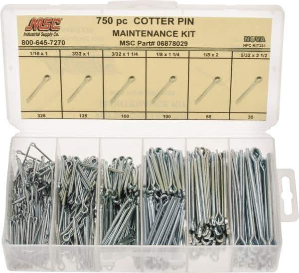 Value Collection - 750 Piece, 1/16 to 5/32" Pin Diam, Cotter Pin Assortment - 1 to 2-1/2" Long, Steel - Top Tool & Supply