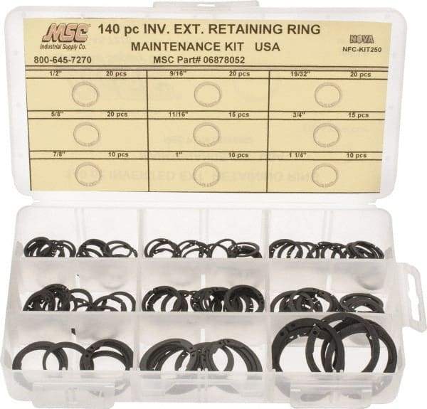 Made in USA - 140 Piece, 1/2 to 1-1/4", SpRing Assortment Steel, Snap External Retaining Ring Assortment - Includes Compartmented Case - Top Tool & Supply