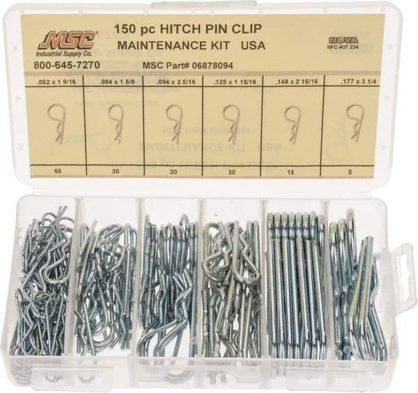 Value Collection - 150 Piece, 1/16 to 3/16" Pin Diam, Hitch Pin Assortment - 1-9/16 to 3-1/4" Long, Spring Steel - Top Tool & Supply