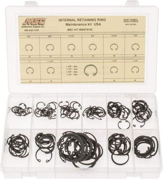 Made in USA - 150 Piece, 1/2 to 1-3/4", SpRing Assortment Steel, Snap Internal Retaining Ring Assortment - Includes Compartmented Case - Top Tool & Supply