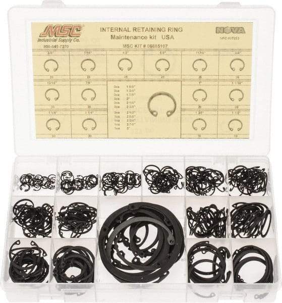 Made in USA - 337 Piece, 3/8 to 3", SpRing Assortment Steel, Snap Internal Retaining Ring Assortment - Includes Compartmented Case - Top Tool & Supply