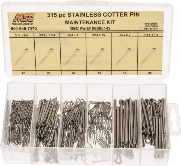 Value Collection - 315 Piece, 1/16 to 1/8" Pin Diam, Cotter Pin Assortment - 3/64 to 5/32" Long, Stainless Steel - Top Tool & Supply