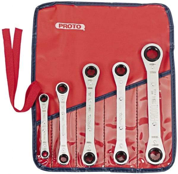 Proto - 5 Piece, 7mm to 17mm, 6, 12 Point Ratcheting Box Wrench Set - Metric Measurement Standard, Chrome Finish, Comes in Pouch - Top Tool & Supply