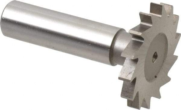 Made in USA - 1-3/8" Diam x 11/64" Face Width, High Speed Steel, 18 Teeth, Shank Connection Woodruff Keyseat Cutter - Uncoated, 2-1/4" OAL x 1/2" Shank, Straight Teeth - Top Tool & Supply