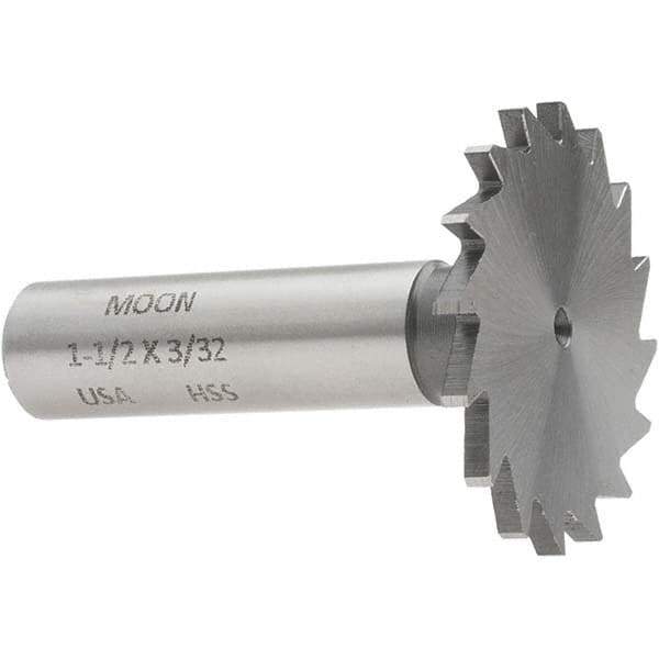 Made in USA - 1-1/2" Diam x 3/32" Face Width, High Speed Steel, 20 Teeth, Shank Connection Woodruff Keyseat Cutter - Uncoated, 2-1/4" OAL x 1/2" Shank, Straight Teeth - Top Tool & Supply