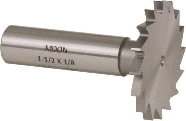 Made in USA - 1-1/2" Diam x 1/8" Face Width, High Speed Steel, 16 Teeth, Shank Connection Woodruff Keyseat Cutter - Uncoated, 2-1/8" OAL x 1/2" Shank, Straight Teeth - Top Tool & Supply