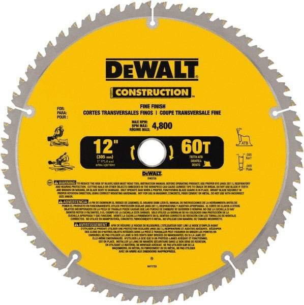 DeWALT - 12" Diam, 1" Arbor Hole Diam, 60 Tooth Wet & Dry Cut Saw Blade - Carbide-Tipped, Fine Finishing Action, Standard Round Arbor - Top Tool & Supply