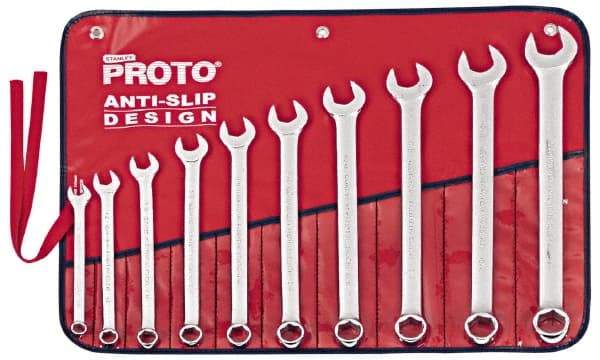 Proto - 10 Piece, 7/16" to 1", 6 Point Combination Wrench Set - Inch Measurement Standard, Satin Chrome Finish, Comes in Nylon Roll - Top Tool & Supply