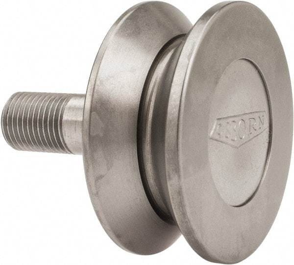 Osborn International - 2" Roller Diam x 27/32" Width, 1/2" Stud Diam x 1-1/4" Length, V Grooved Concentric Stud - Steel, 5/8" Thread Length, 1/2-20 Thread, 2-3/32" OAL, 600 Lb Dynamic Cap - Top Tool & Supply