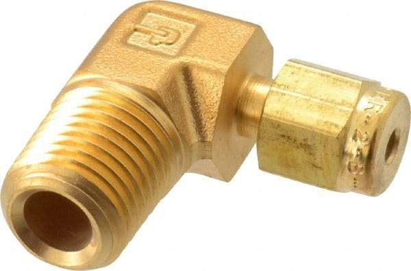 Parker - 1/8" OD, Brass Male Elbow - 3,600 Max Working psi, 9/16" Hex, Comp x MNPT Ends - Top Tool & Supply