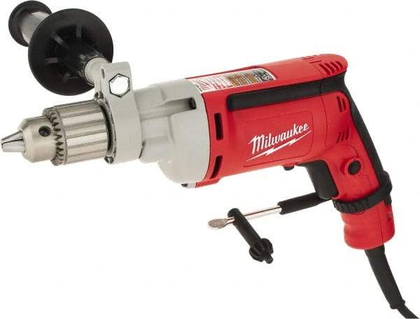 Milwaukee Tool - 1/2" Keyed Chuck, 850 RPM, Pistol Grip Handle Electric Drill - 8 Amps, 120 Volts, Non-Reversible, Includes 1/2" Magnum Drill, Chuck Key with Holder, Side Handle - Top Tool & Supply