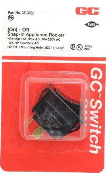 GC/Waldom - DPST, Momentary (MO), On-Off Sequence, Appliance Rocket Switch - 15 Amps at 125 Volts, 10 Amps at 250 Volts, 3/4 hp at 125/250 VAC, Quick Connect, Panel Mount - Top Tool & Supply