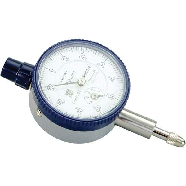 Mitutoyo - 5mm Range, 0-100 Dial Reading, 0.01mm Graduation Dial Drop Indicator - 40mm Dial, 1mm Range per Revolution, 0.01mm Accuracy, Revolution Counter - Top Tool & Supply