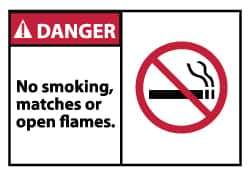 NMC - Accident Prevention Label, Header: DANGER - Legend: Danger - No Smoking, Matches or Open Flames, English, Red, Black & White, 5" Long x 3" High, Sign Muscle Finish - Top Tool & Supply