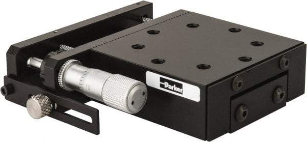 Parker - 62 Lb. Capacity, 10-32 Mount Hole, 1/2" Travel, Precision Ball Bearing Table with Side Drive - Single Axis, 8 Mounting Holes, 2.56" Long x 2.62" Wide x 1" High - Top Tool & Supply