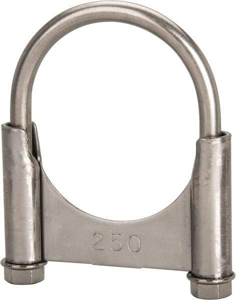 Made in USA - 3/8-16 UNC, Round U Bolt Clamp with Clamping/Guillotine Mount for 2-1/2" Pipe - 1-1/2" Thread Length, 3" Wide, Grade 304, Grade 2 (Nut) Stainless Steel - Top Tool & Supply