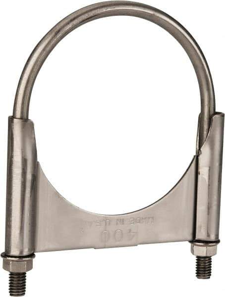 Made in USA - 3/8-16 UNC, Round U Bolt Clamp with Clamping/Guillotine Mount for 4" Pipe - 1-1/2" Thread Length, 4-1/2" Wide, Grade 304, Grade 2 (Nut) Stainless Steel - Top Tool & Supply