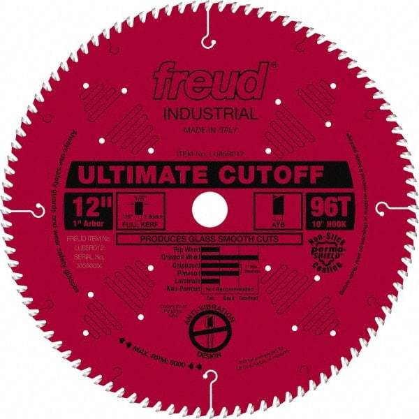 Freud - 12" Diam, 1" Arbor Hole Diam, 96 Tooth Wet & Dry Cut Saw Blade - Carbide-Tipped, Standard Round Arbor - Top Tool & Supply