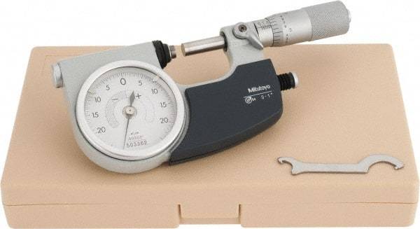 Mitutoyo - 0 to 1 Inch Range, 0.0001 Inch Graduation, Mechanical Indicating Micrometer - Accurate to 0.0001 Inch, Carbide-Tipped Measuring Face, Includes Fitted Plastic Case - Top Tool & Supply