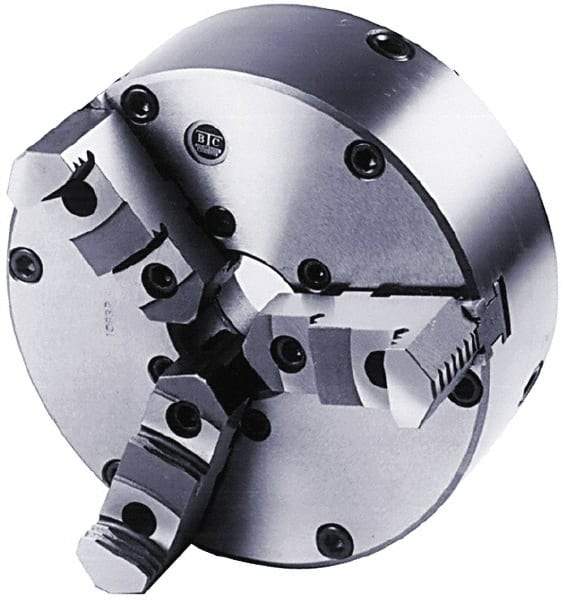 BTC - 3 Jaws, 8" Diam, Self Centering Manual Lathe Chuck - Plain Back Mount Spindle, Adjustable, Reversible, 3,100 Max RPM, 2.264" Through Hole Diam, Cast Iron - Top Tool & Supply