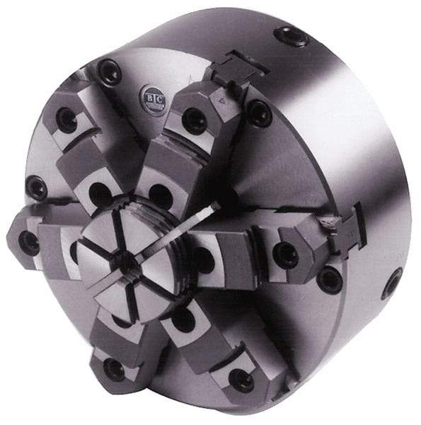 BTC - 6 Jaws, 10" Diam, Self Centering Manual Lathe Chuck - Plain Back Mount Spindle, Adjustable, Reversible, 1,900 Max RPM, 2.835" Through Hole Diam, Cast Iron - Top Tool & Supply